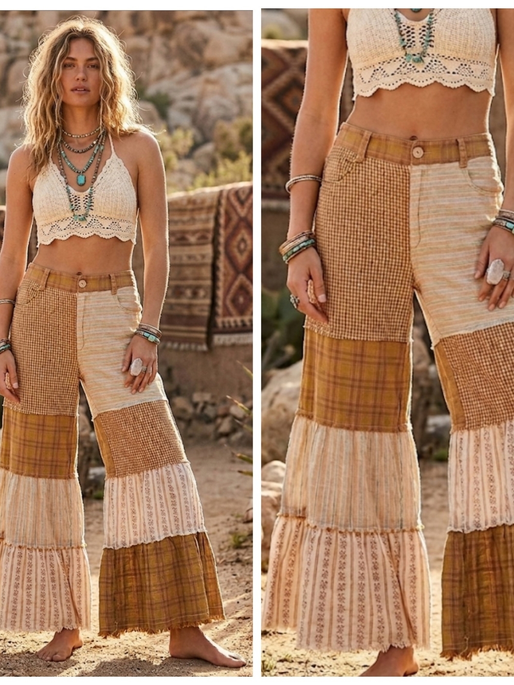 Boho Patchwork Wide-Leg Pants in Mustard